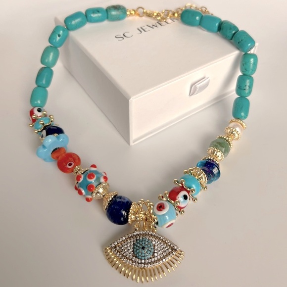 Gemstone Necklace | Natural Agate Stone | Turquoise Evil Eye | Handcrafted - Picture 5 of 9